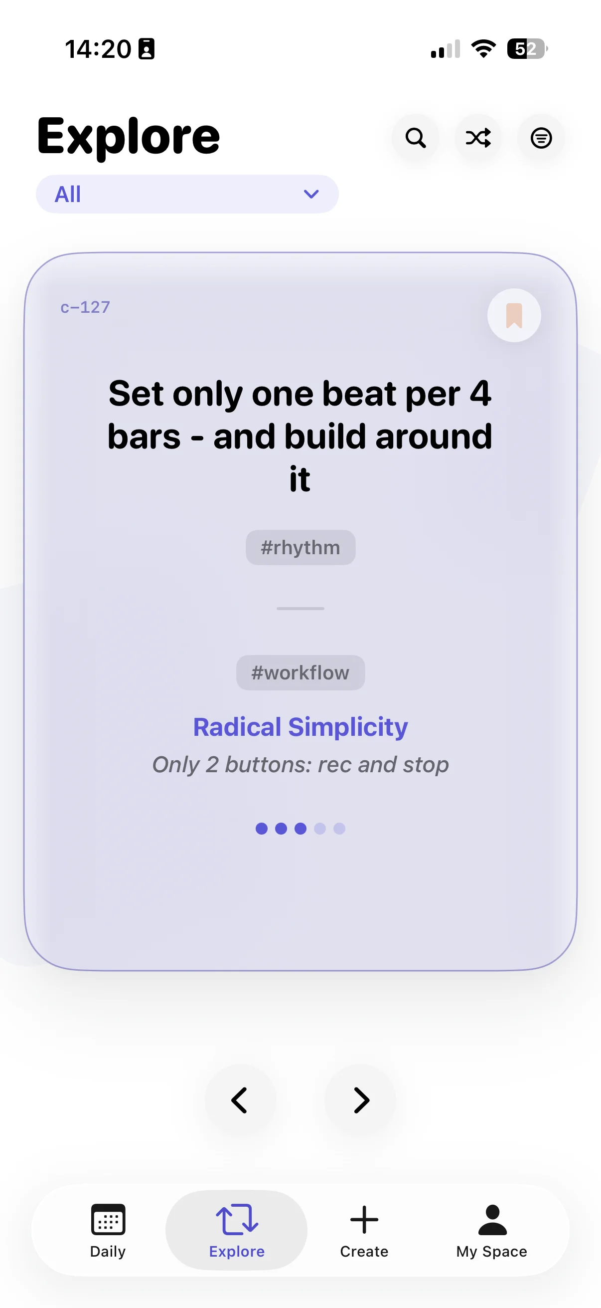 Strategies app Explore screen showing a Creative card: Set only one beat per 4 bars - and build around it, with tags #rhythm and #workflow