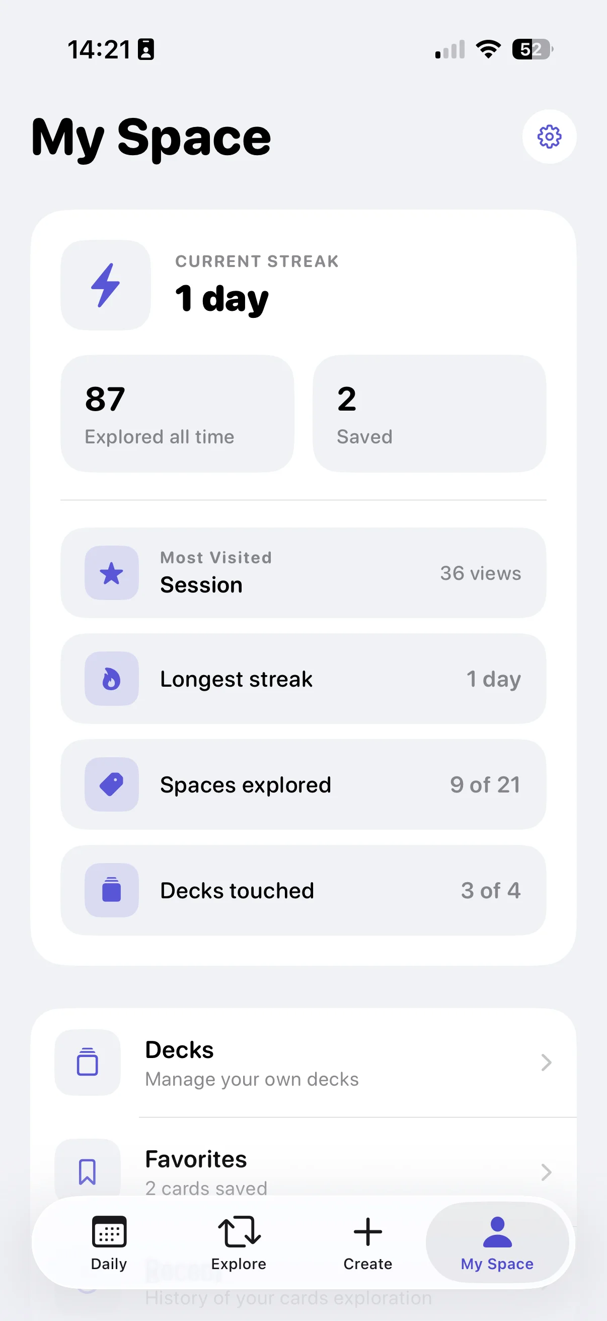 My Space screen showing streak stats and deck activity