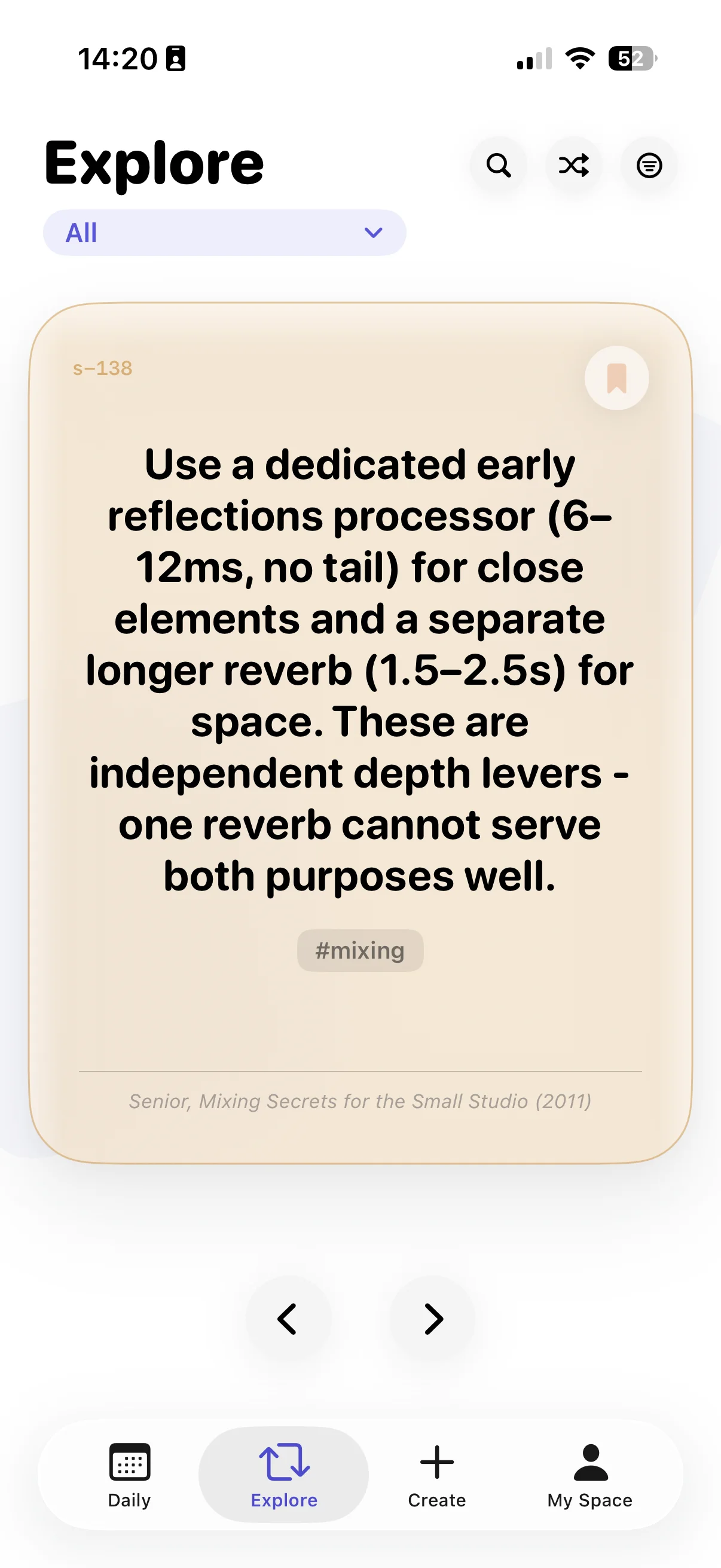 Session card: Use a dedicated early reflections processor for space. Tag: #mixing.