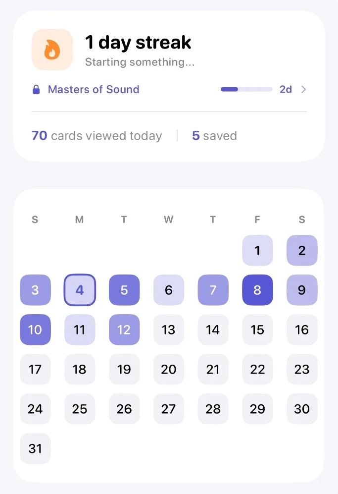 App Daily screen showing streak counter, Masters of Sound progress, Today Card, and calendar with active days highlighted